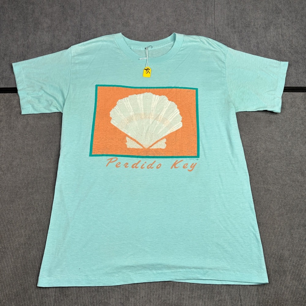 Vintage Perdido Key Florida Seashell Graphic T-Shirt Teal Single Stitch Medium